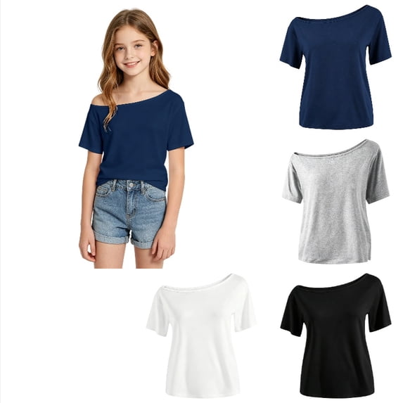 Ticikt Girls Solid Off Shoulder Short Sleeve Tee, Casual Simple Loose Fit Kids Summer Blouse Tops,Navy