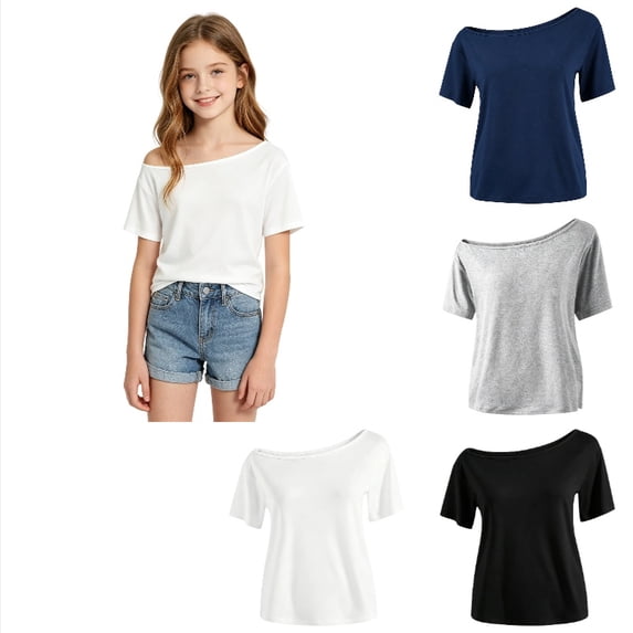 Ticikt Girls Solid Off Shoulder Short Sleeve Tee, Casual Simple Loose Fit Kids Summer Blouse Tops,White