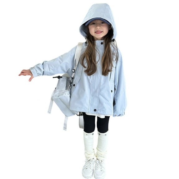 Ticikt Girls Solid Rain Jacket Boys Sportswear Water Resistant Hoodie Kids Lightweight Raincoats Windbreaker Outdoor,Color:Blue,12-18 Months