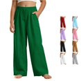 thumbnail image 1 of Ticikt Girls Solid Wide Leg Pants, Drawstring Elastic Waist Casual Loose Fit Long Trousers with Side Pockets for Kids,Green, 1 of 4
