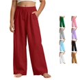 thumbnail image 1 of Ticikt Girls Solid Wide Leg Pants, Drawstring Elastic Waist Casual Loose Fit Long Trousers with Side Pockets for Kids,Red, 1 of 4