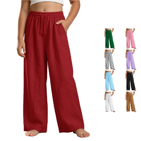 Ticikt Girls Solid Wide Leg Pants, Drawstring Elastic Waist Casual Loose Fit Long Trousers with Side Pockets for Kids,Red