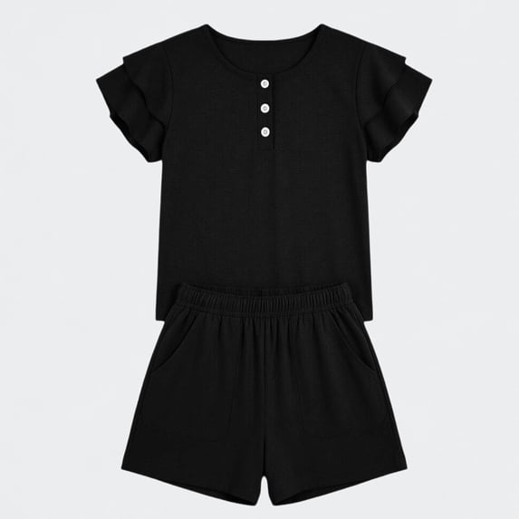 Ticikt Girls Summer 2-Piece Outfits, Ruffle Short Sleeve Button Down Shirt and Shorts Set for Kids 5-13Y,Black