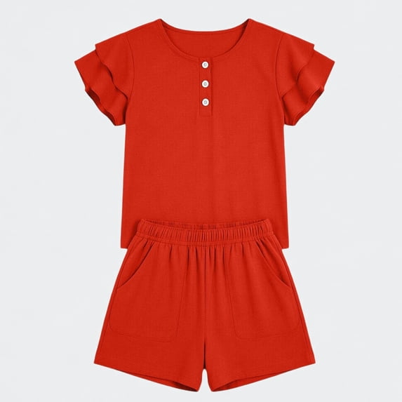 Ticikt Girls Summer 2-Piece Outfits, Ruffle Short Sleeve Button Down Shirt and Shorts Set for Kids 5-13Y,Red