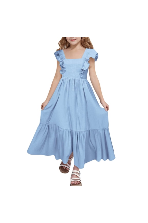 Girls Summer Sundress Casual Sleeveless Smocked Aline Flowy Tiered Maxi Boho Beach Dress,Color:Blue,Size:10-11 Years