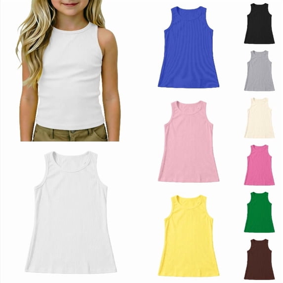 Ticikt Girls Tank Tops Kids Athletic Racerback Crewneck Sleeveless Undershirts Tops Dance Workout Yoga Shirts For,White