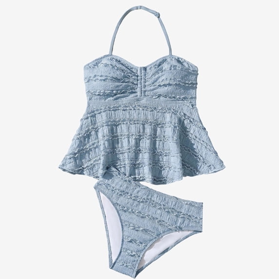 Ticikt Girls Tankini Swimsuit, 2 Piece Ruffled Halter High Waist Bathing Suit for 7-14Y,Sky Blue