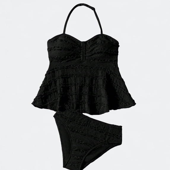 Ticikt Girls Tankini Swimsuit, 2 Piece Ruffled Halter High Waist Bathing Suit for 7-16Y ,Black