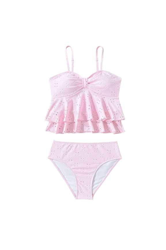Ticikt Girls' Tiered Ruffle Bathing Suit, Eyelet Fabric Two-Piece Bikini Set,Pink