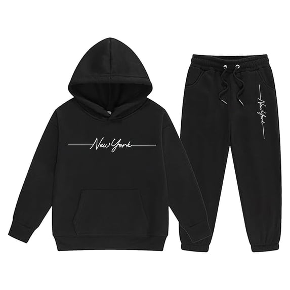 Ticikt Girls Tracksuit Winter Warm Pullover Hoodie with Pants Kids Casual Outfit Cute Printed Jogger Two Piece Set,Color:Black,Size:10-11 Years