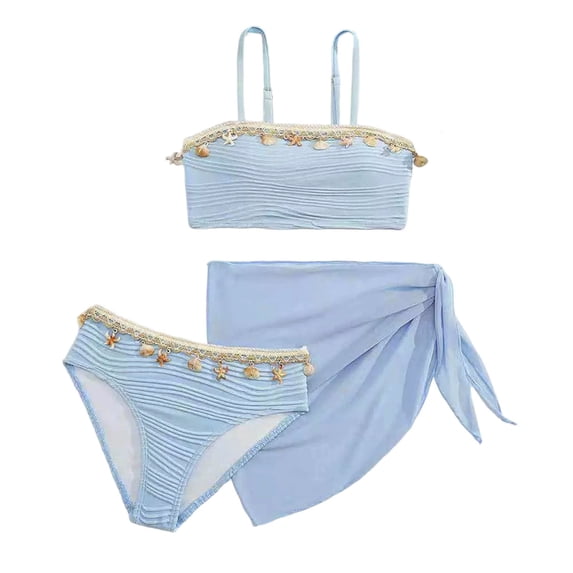 Ticikt Girls Two Piece Bikini Swimsuit Solid Color Tankini Top And Swim Shorts For Youth,Color:Light Blue