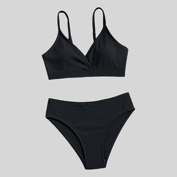 Ticikt Girls Two-Piece Bikini Swimsuit, Solid Color V-Neck Bathing Suit for Kids 8-16 Years
