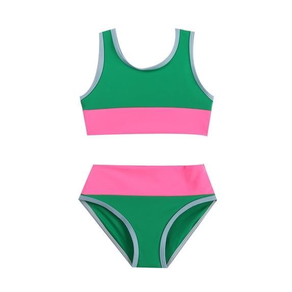 Ticikt Girls Two Piece Color Block Swimsuit with Wide Shoulder Strap Bikini Sets with Chest Pad,Color:Green,Size:6-7 Years