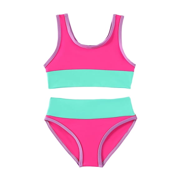 Ticikt Girls Two Piece Color Block Swimsuit with Wide Shoulder Strap Bikini Sets with Chest Pad,Color:Hot Pink,Size:7-8 Years