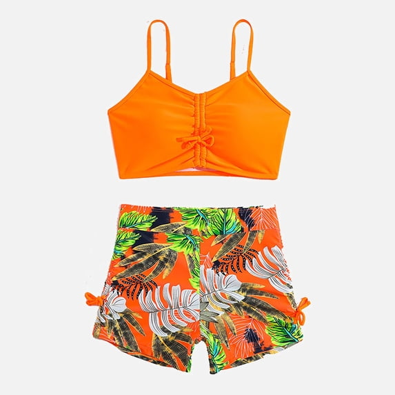 Ticikt Girls Two Piece Swimsuit, Solid Ruched Cami Top Leaf Print Shorts Bikini Set for Kids Summer Beach Swimming,Yellow