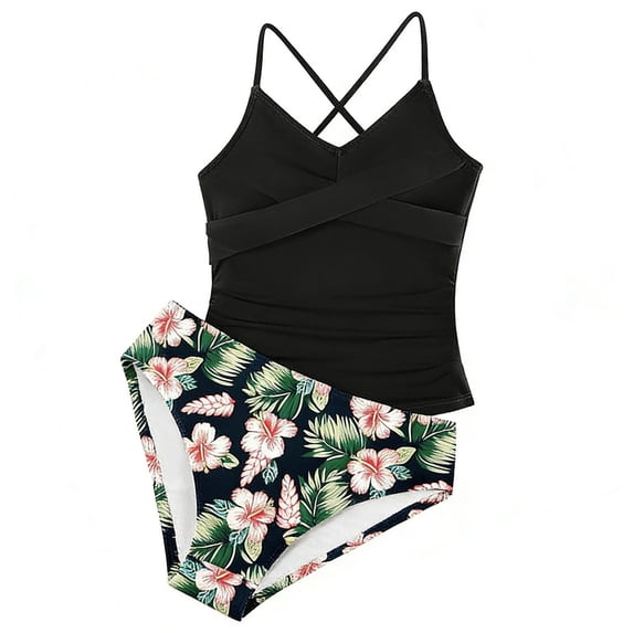 Ticikt Girls Two Piece Swimsuit, Tankini Set Ruched Criss Cross Bathing Suit for Big Kids,Black