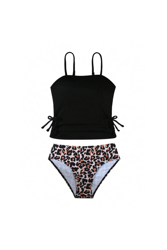 Girls Two Piece Swimwear Leopard Print Bikini Tankini Top and Bottom for Beach Pool Summer,Color:Black,7-8 Years
