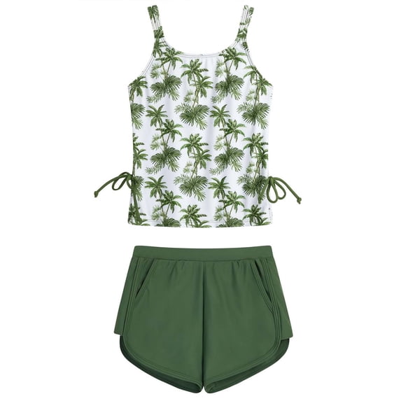 Ticikt Girls Two Piece Swimwear Tropical Print Bikini Tankini Top and Bottom for Beach Pool Summer High Waisted Swimsuits,Color:Army Green,11-12 Years
