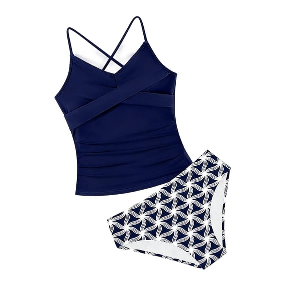 Ticikt Girls Two Piece Swimwear Tropical Print Bikini Tankini Top and Bottom for Beach Pool Summer High Waisted Swimsuits,Color:Dark Blue,10-11 Years