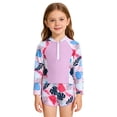 thumbnail image 1 of Ticikt Girls' Zip-Front Floral Swim Set, Two-Piece Long Sleeve Rash Guard with Shorts,Color:Purple,Size:4-5 Years, 1 of 8