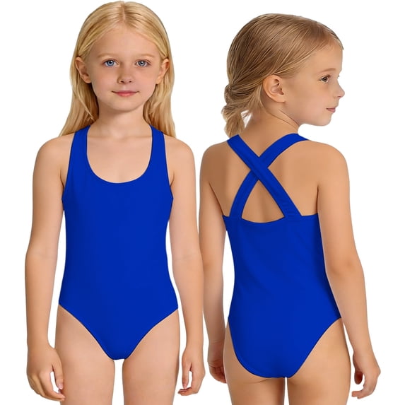 Ticikt Girls and Toddlers' Cross-back One-Piece Swimsuit,Color:Blue,Size:5-6 Years