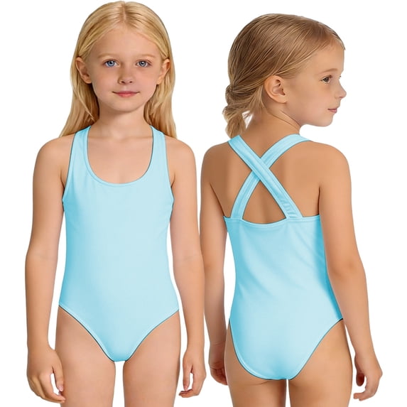 Ticikt Girls and Toddlers' Cross-back One-Piece Swimsuit,Color:Light Blue,Size:11-12 Years