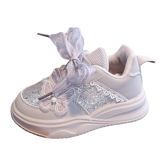 Ticikt Glamour Glitter Bow Kids Sneakers For Toddlers And Girls Stylish Everyday Sparkly Design Comfortable Fit Play Shoes,Color:Grey