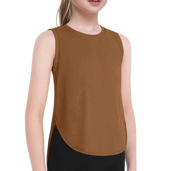 Ticikt Ice Silk Workout Tank Tops for Girls Cool-Dry Sleeveless Loose Fit Yoga Running Shirts Athletic,Color:Coffee,Size:7-8 Years