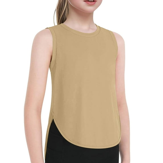 Ticikt Ice Silk Workout Tank Tops for Girls Cool-Dry Sleeveless Loose Fit Yoga Running Shirts Athletic,Color:Khaki,Size:13-14 Years