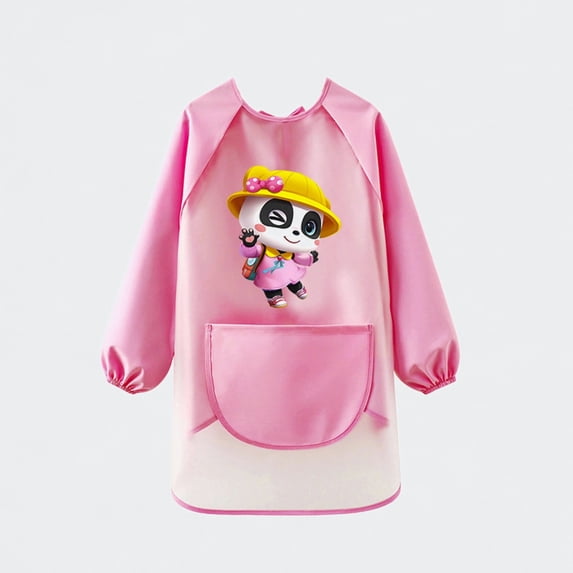Ticikt Kids Art Smock with Pocket, Long Sleeve Waterproof TPU Cartoon Apron for Toddler Boys or Girls 2-6Y,Pink