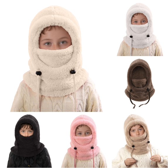 Ticikt Kids Balaclava Hat Scarf Integrated, Thick Windproof Face Neck Warmer for Skiing Cycling Winter Outdoor,Beige