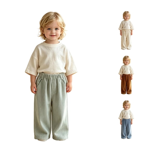 Ticikt Kids Corduroy Pants, Elastic Waist Solid Color Loose Wide‑Leg Trousers, Casual Straight Bottoms for Boys Girls,Mint Green
