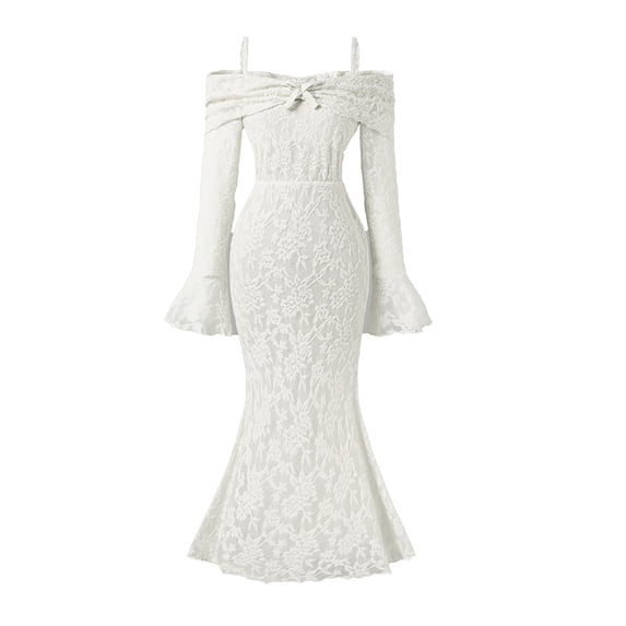 Ticikt Kids Elegant Off Shoulder Midi Dress for Girls with Flared Sleeves and Lace Detail for Spring Fall Outfits