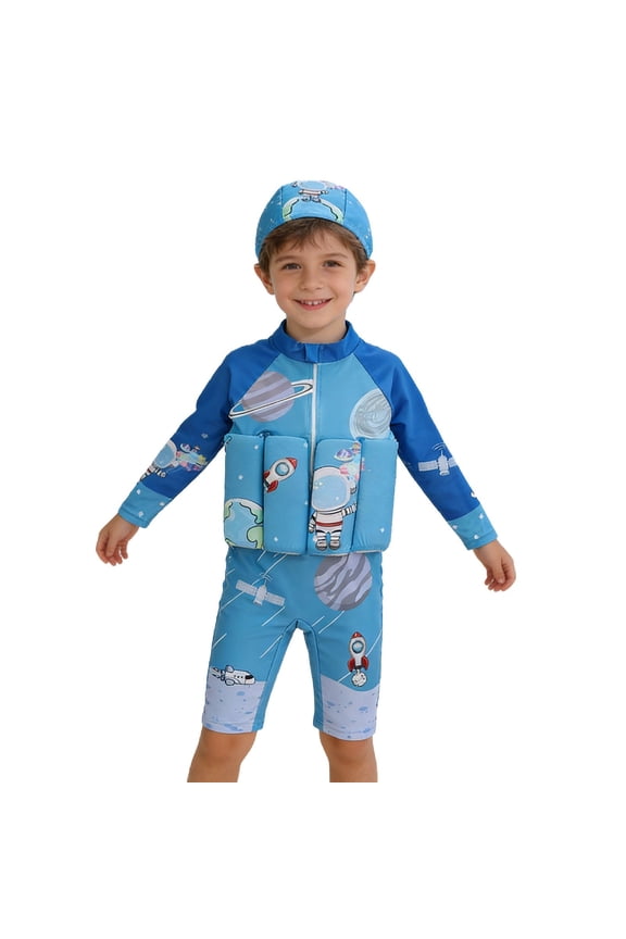 Kids Floatation Swimsuits Baby Boys Girls One Piece Float Suit Short Sleeve Swim Vest Zip up Buoyancy Swimwear +Cap