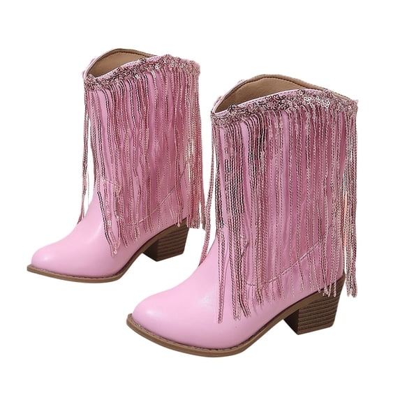 Ticikt Kids Fringe Cowboy Boots, Mid Heel Western Style Faux Leather Mid Calf Boots for Girls Autumn Winter Daily Wear,Color:Pink