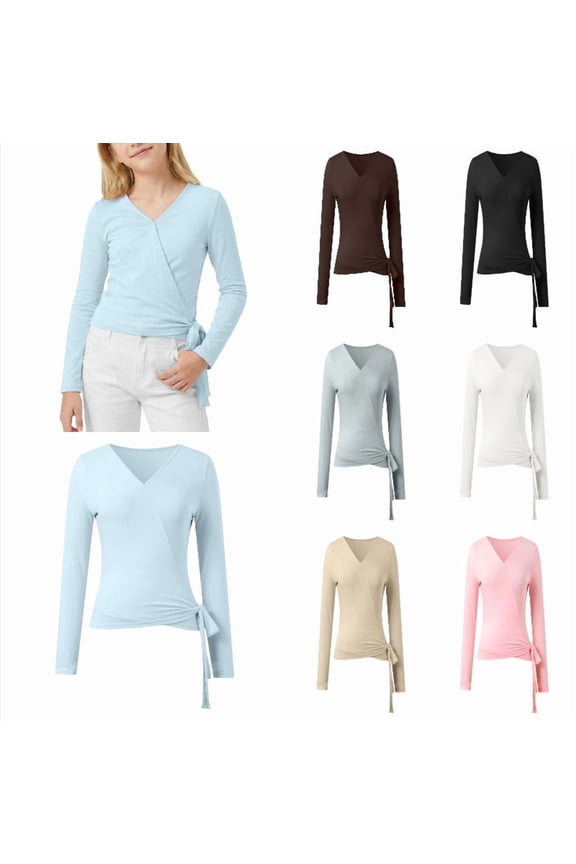 Ticikt Kids Girl's Tie Wrap Top Long Sleeve V Neck Crop Tops Shirt Slim Fit Dance Fairy Yoga Workout Blouse For,Light Blue