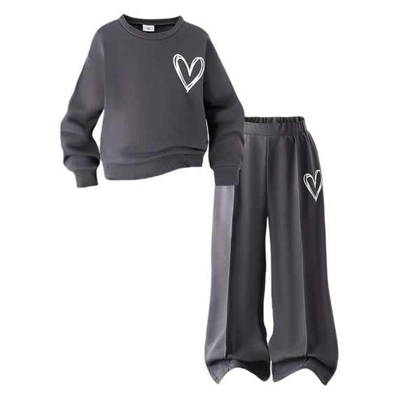 Ticikt Kids Girls Clothes Tracksuit Set 2-7 Years Sweatshirt & Pants with Heart Print Casual Outfit,Color:Grey,5-6 Years