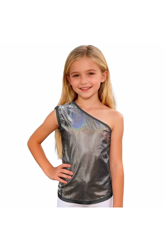 Kids Girls One-Shoulder Sequins Dance Crop Tops Jazz Hip Hop Stage Performance Tank Vest Dancewear