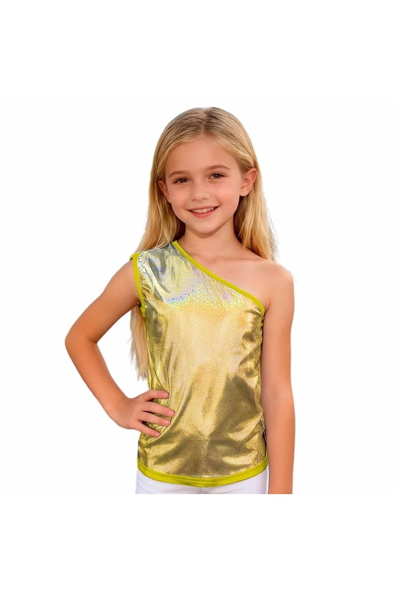 Kids Girls One-Shoulder Sequins Dance Crop Tops Jazz Hip Hop Stage Performance Tank Vest Dancewear