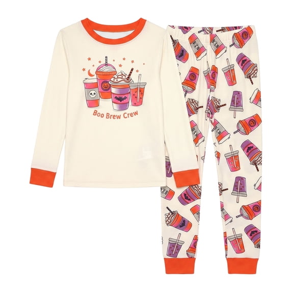 Ticikt Kids Halloween Print Pajama Set, Long Sleeve Top & Pants Sleepwear for Boys Girls,Beige