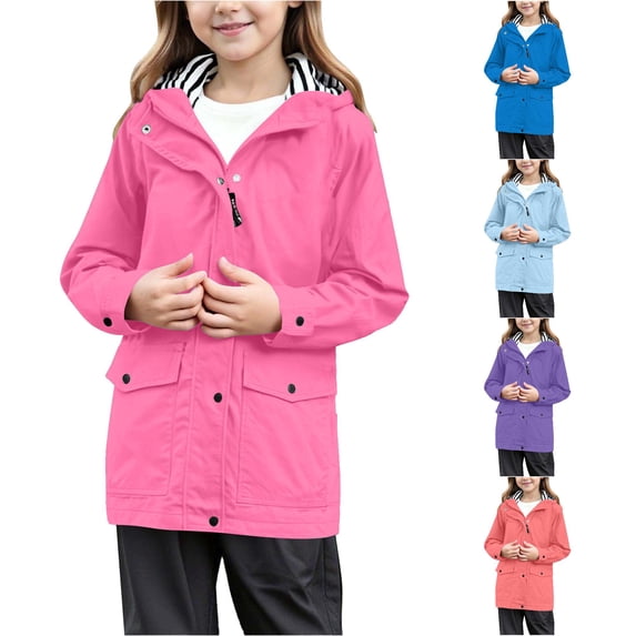 Ticikt Kids Hooded Rain Jacket, Stripe Lined Windproof Water Resistant Long Sleeve Outdoor Trench Coat,Hot Pink