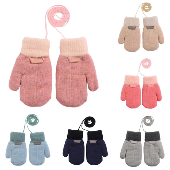 Ticikt Kids Knit Mittens, Fleece Lined Solid Color Gloves With Neck String, Windproof Warm Cold Weather Handwear for Outdoor