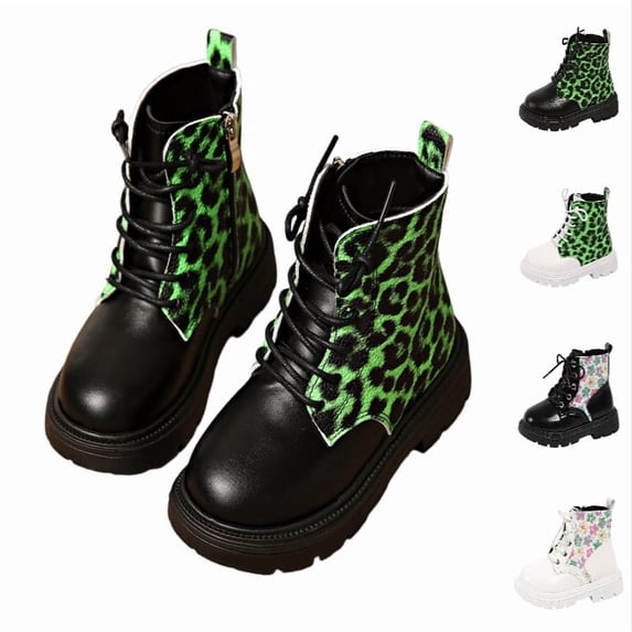 Ticikt Kids Leopard Print Ankle Boots, Lace Up Side Zipper Platform Non Slip Fashion Short Boots,Black