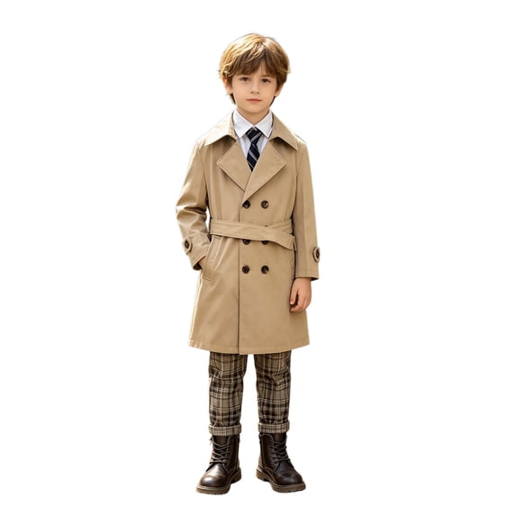 Ticikt Kids Long Trench Coat, Doubleâ Belted Windbreaker, Classic Lapel Outerwear for Boys Girls Fall Spring