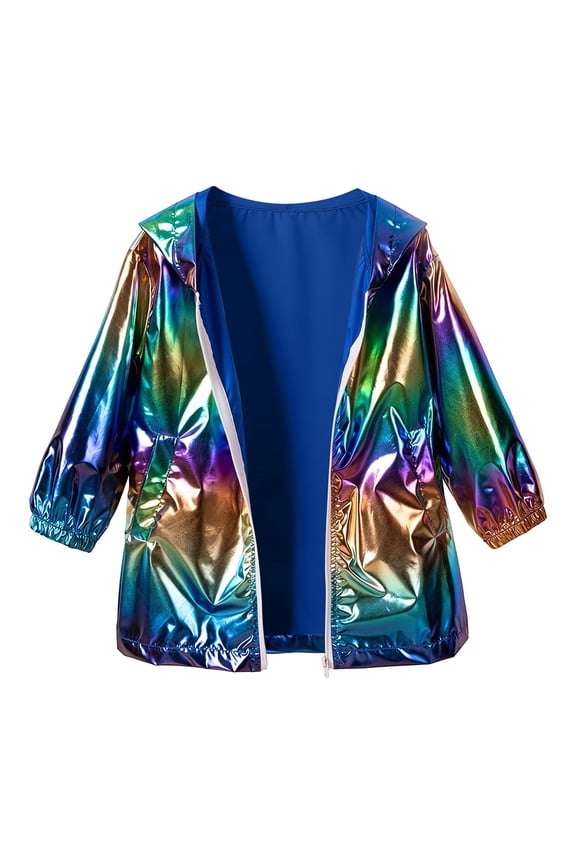 Kids Metallic Shiny Jacket Lightweight Y2K Holographic Party Shimmering Shiny Lightweight Zipper Hooded Metallic Jacket