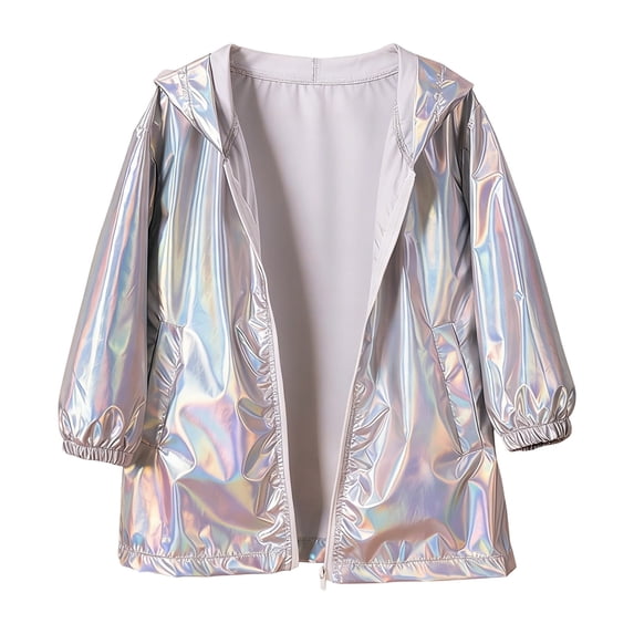 Ticikt Kids Metallic Shiny Jacket Lightweight Y2K Holographic Party Shimmering Shiny Lightweight Zipper Hooded Metallic Jacket