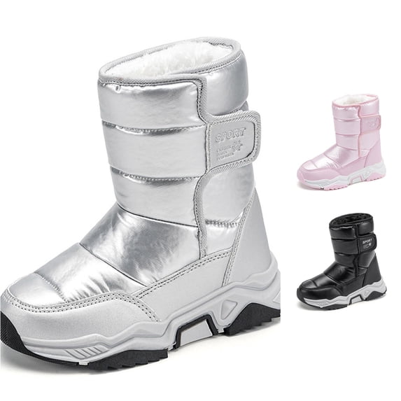 Ticikt Kids Mid‑Calf Snow Boots, Fleece‑Lined Waterproof Velcro Warm Thick Insulated Winter Booties,Silver