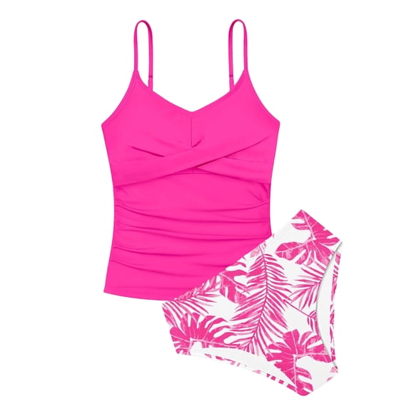 Ticikt Kids' Modest Two-Piece Swimsuit, Ruched Tankini Top with Leaf Print High Waist Bottom,Hot Pink
