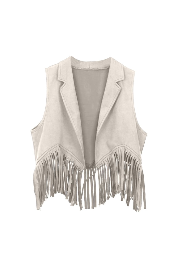Kids Open Front Suede Western Fringe Vest 70s Tassels Jacket Cardigan
