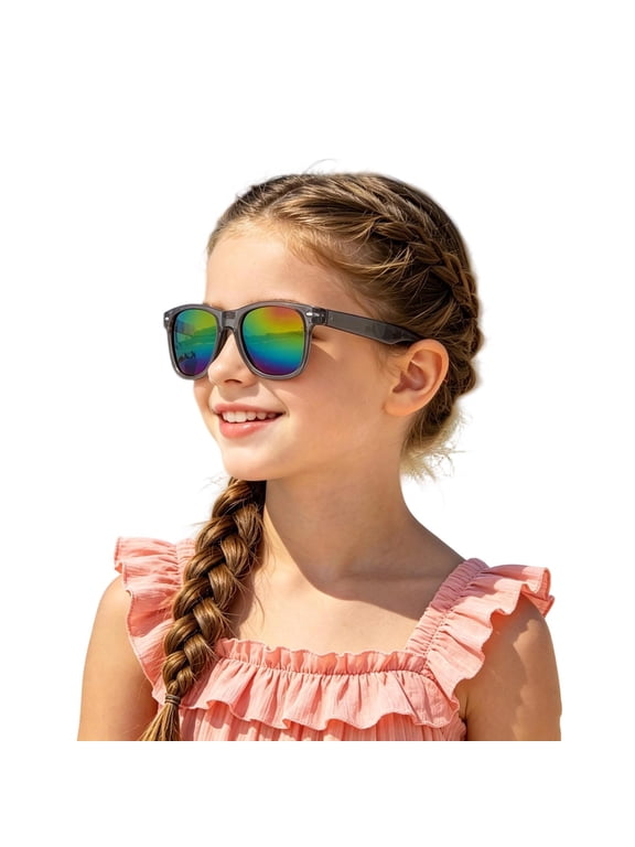 Ticikt Kids Polarized Sunglasses, Colorful Mirror Lens Sun Protection Shades for Boys Girls Beach Outdoor,Grey